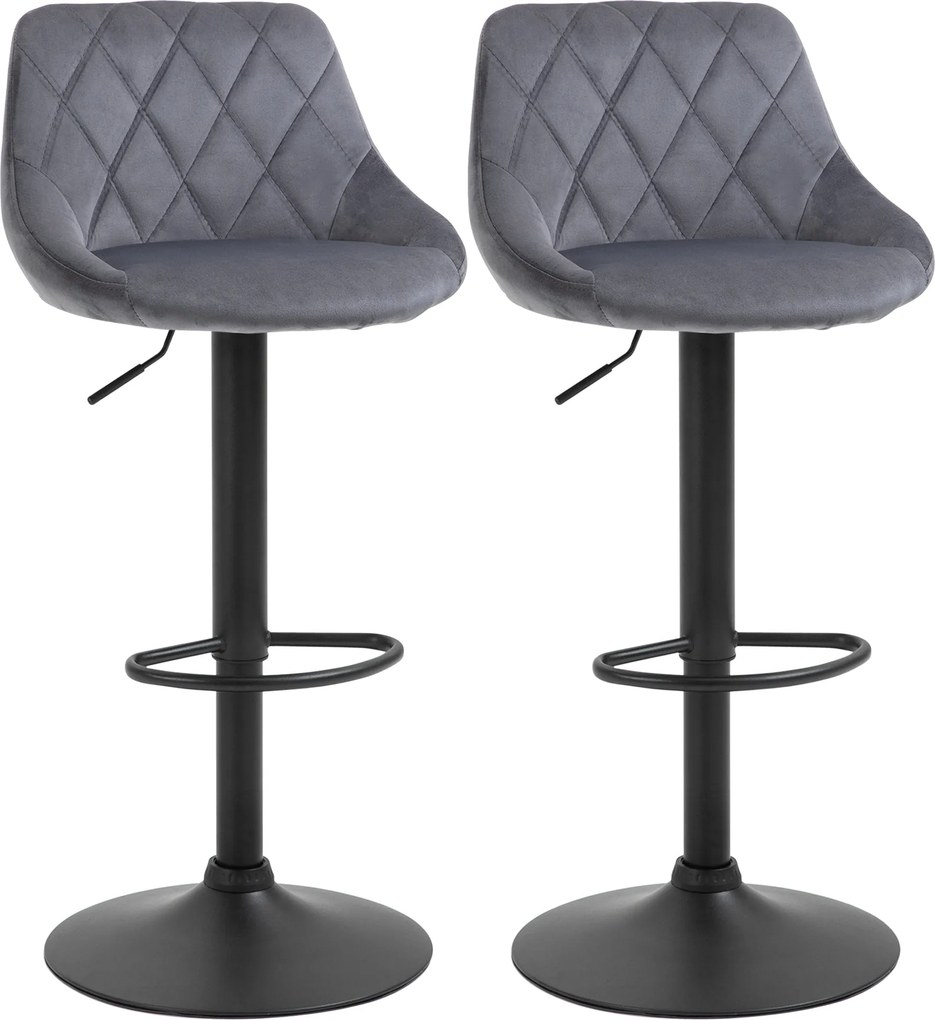 HOMCOM 2 db Bárszék Magasságállító Mechanizmussal, Fém Alap és Műbőr Ülés, Modern Forgószék Háttámmal és Lábpihenővel, 46x48x83-104cm, Szürke és Feket