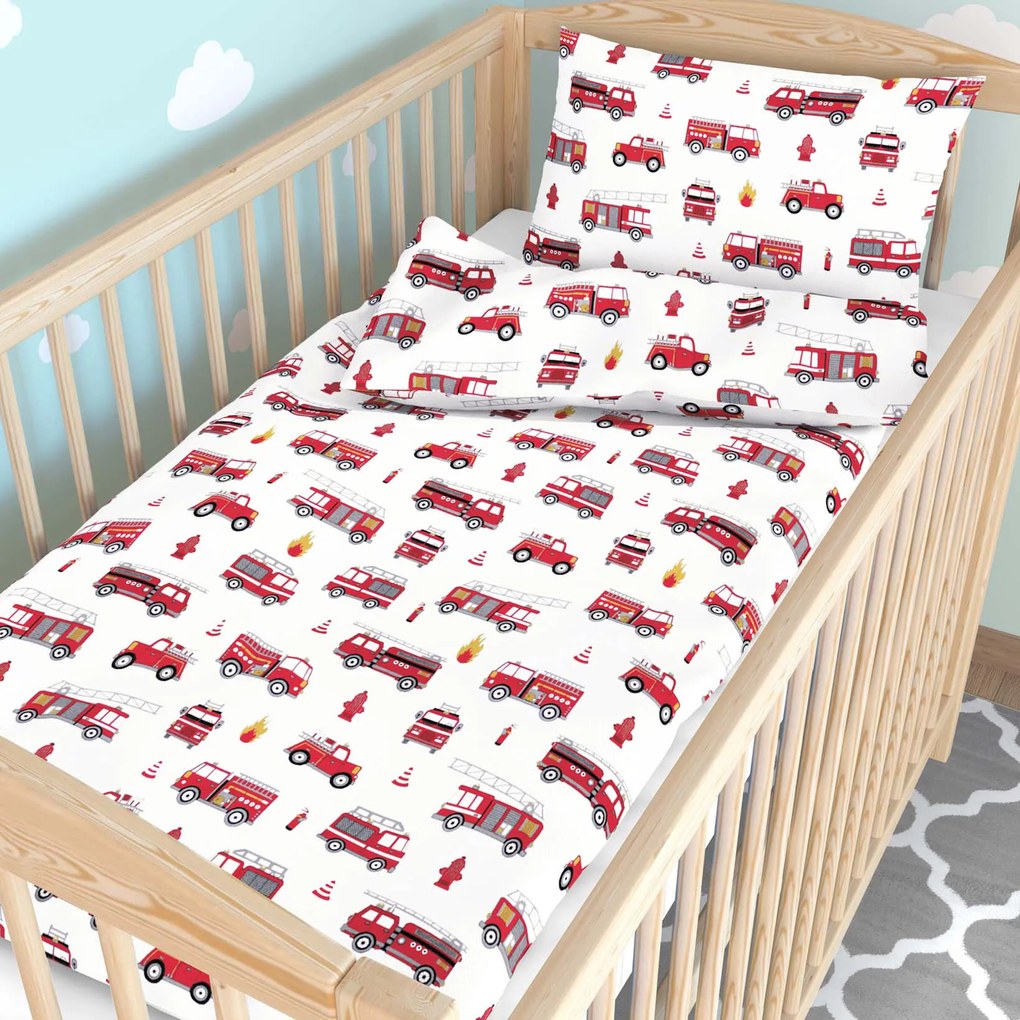 Goldea gyerek pamut ágyneműhuzat kiságyba - tűzoltóautók 110 x 125 és 35 x 55 cm