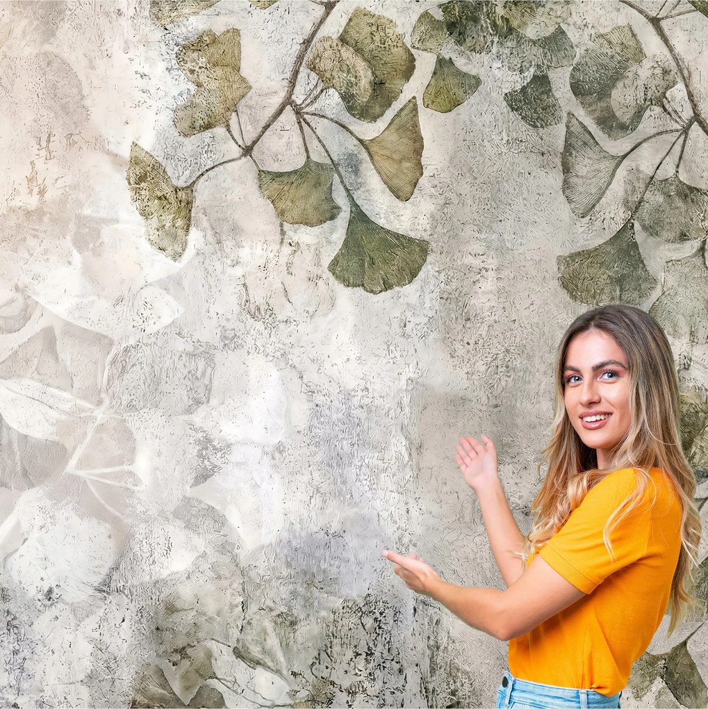 3D fotótapéta Nappali Hálószoba Boho Fű Levelek Beton Loft 392x280 BKLB06F