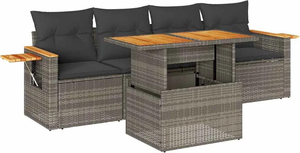 vidaXL 5 részes szürke polyrattan akácfa kerti ülőgarnitúra párnákkal