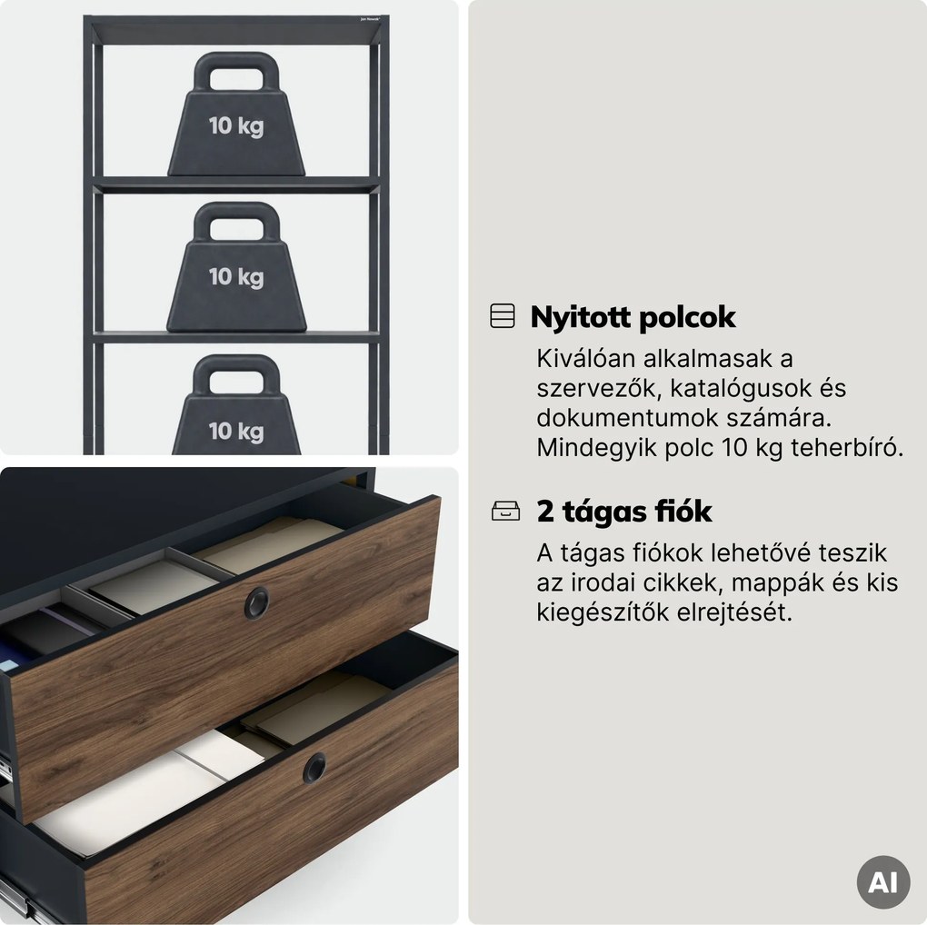 Polc fiókokkal irodába, iratrendezőkhöz és dokumentumokhoz, nyitott polcok, fém, antracit/dió, 800x2200x400 mm: ARIEL Eco Design
