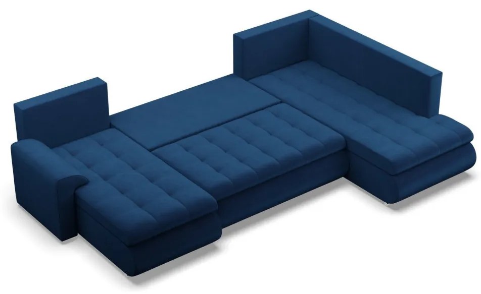 Tokio U sarokkanapé, 3 ágyneműtartóval, bársony, jobboldali, kék