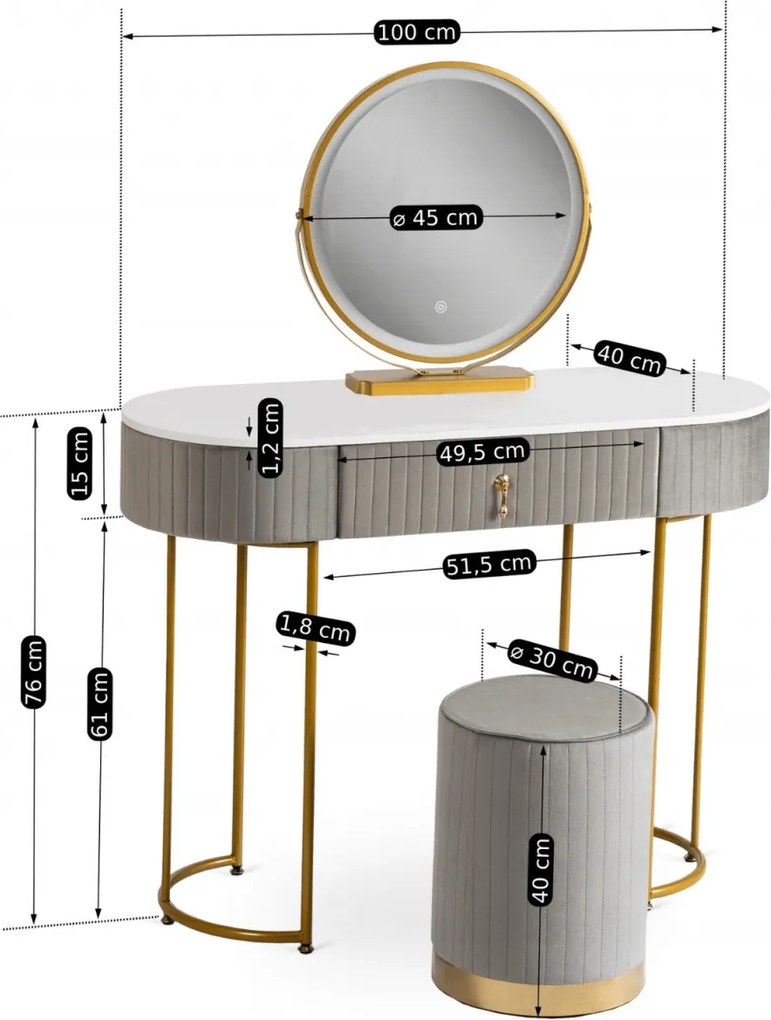 SARAH fésülködőasztal, szürke/arany