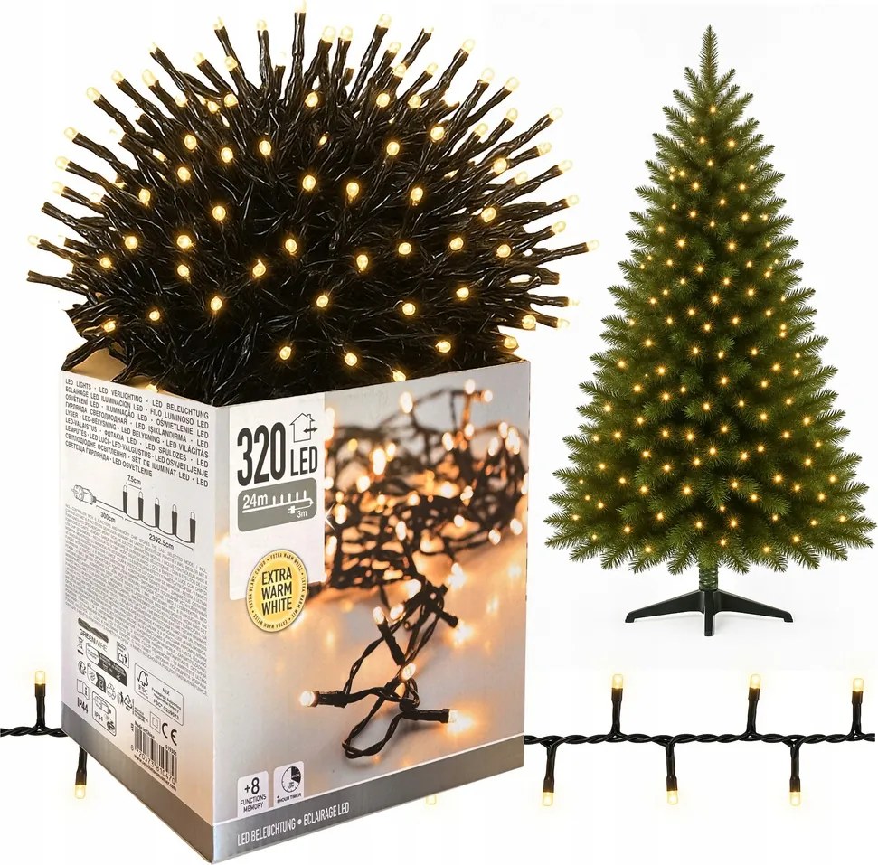Karácsonyfa fényfüzér 320 Led fehér meleg beltéri kültéri 27m Időzítő IP44