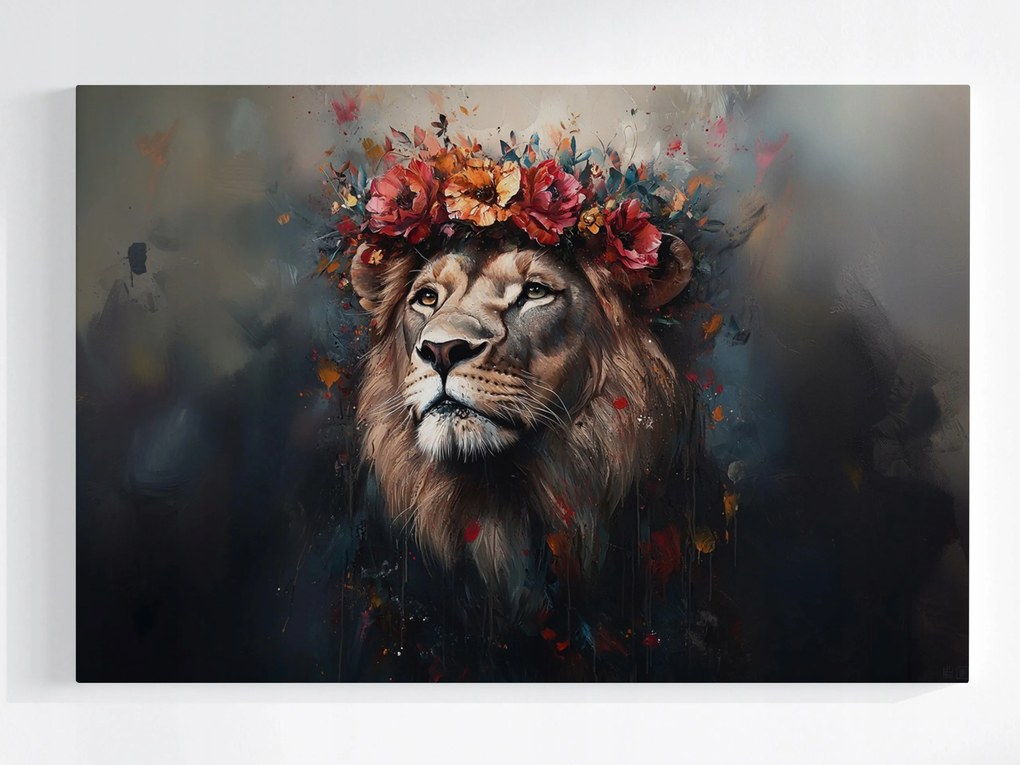 Poszter Portré Állat Oroszlán Király Koszorú Virágok Boho 120x80