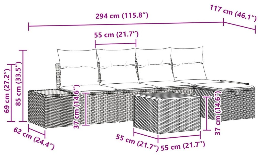 6 db-os kerti kanapé szett párnákkal szürke poly rattan