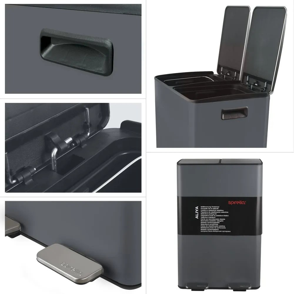 Sötétszürke acél szelektív pedálos szemetes 2x30 l Aliya – Spirella