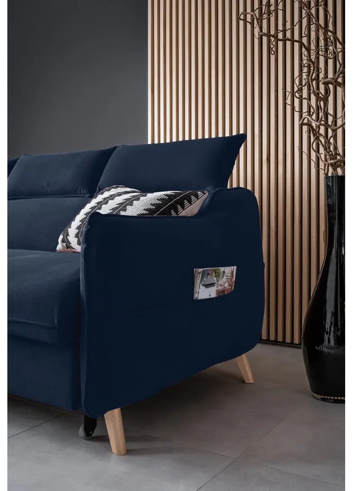 Sötétkék bársony kinyitható sarokkanapé (bal oldali) Sweet Harmony – Miuform