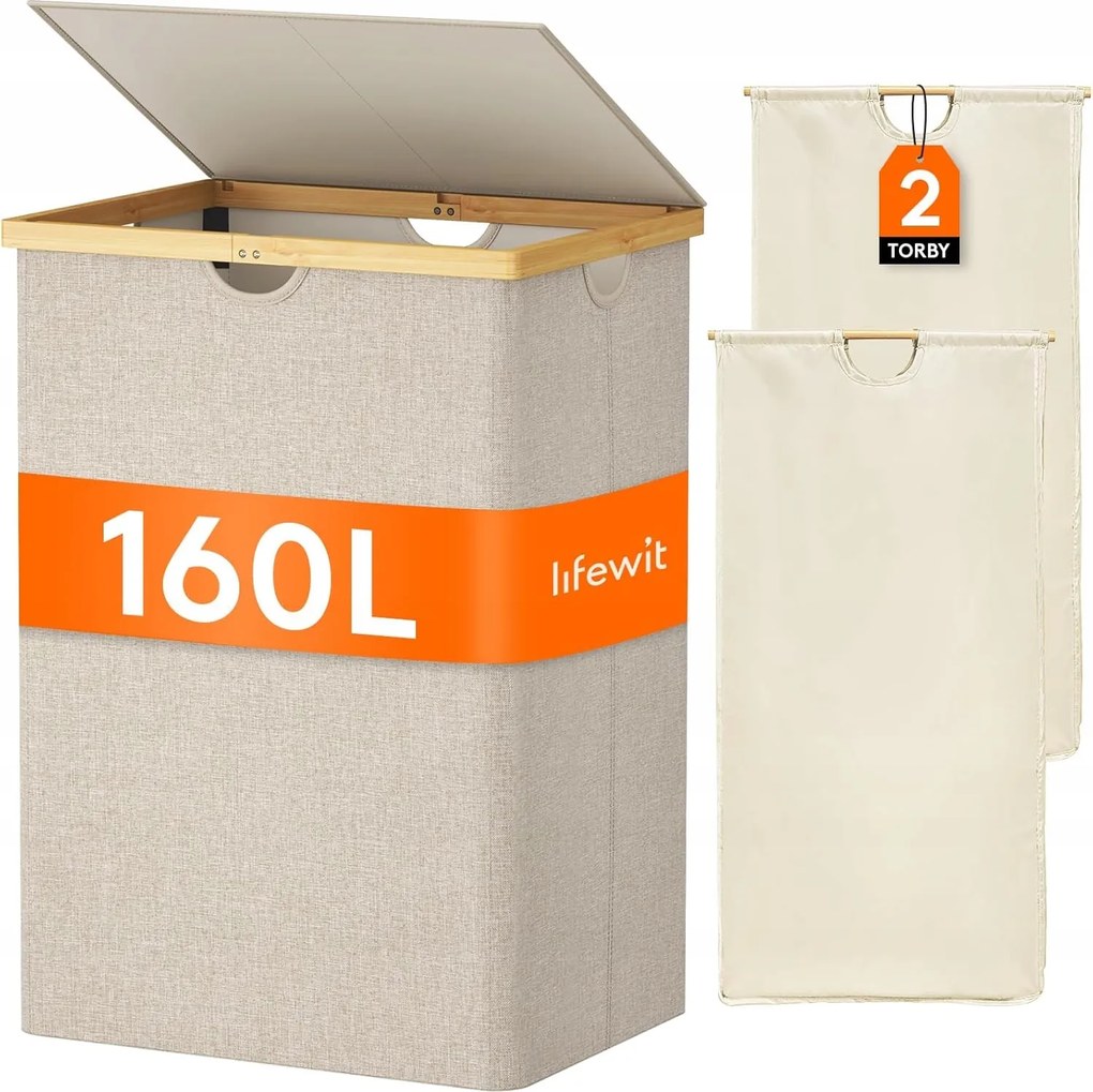 Szabadonálló szennyestartó kosár Lifewit 160l bézs, 2 betét