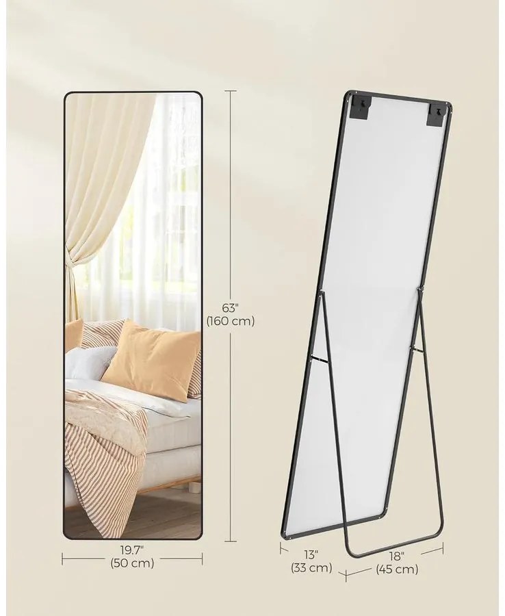 Álló tükör, teljes alakos tükör, 50 x 160 cm, alumíniumötvözet váz, edzett üveg, fekete