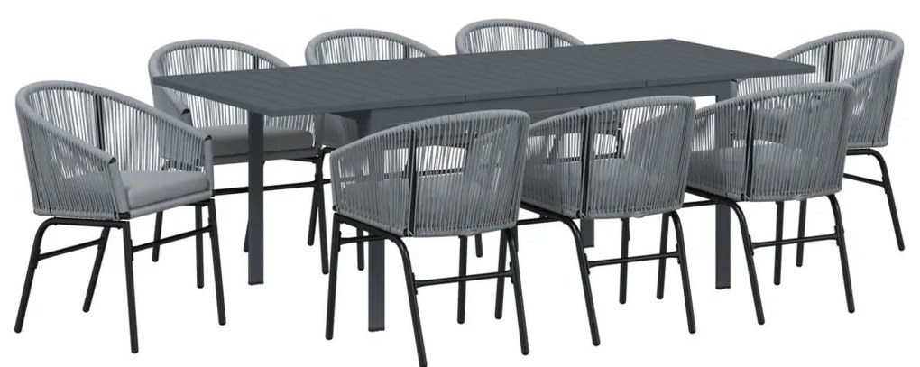 10 darabos kerti étkezőszett párnákkal szürke poli rattan, Hosszabbítható kerti asztal antracit (140-210)x90x73 cm acél