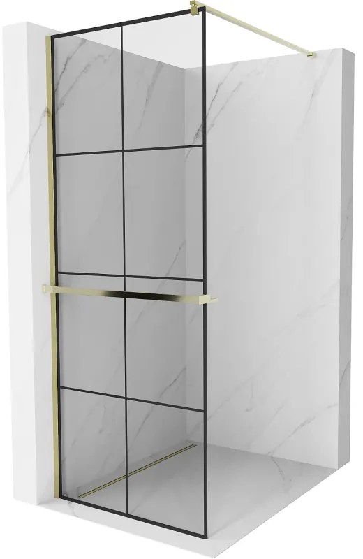 Mexen Kioto +, zuhany paraván polccal és törölközőtartóval 70 x 200 cm, 8mm átlátszó üvegmintás fekete, arany profil, 800-070-121-50-77