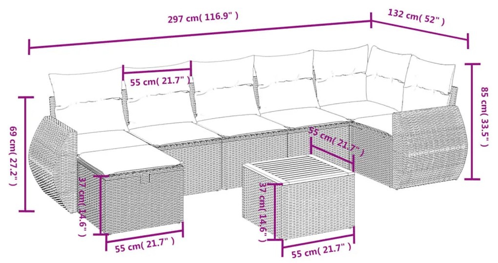 8 részes bézs polyrattan kerti ülőgarnitúra párnával