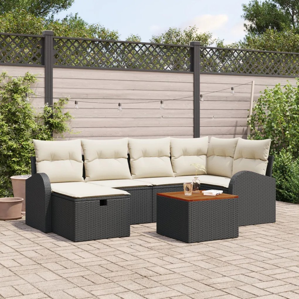 7 részes kerti bútor szett párnákkal, fekete poly rattan, 2 személyes kerti bútor tárolóval és párnákkal, fekete poly rattan