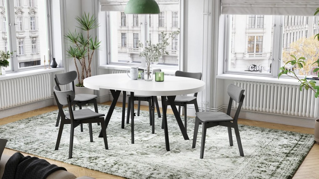 Mazzoni EXPANSO Fehér Matt/fekete lábak - LOFT/IPARI STÍLUSÚ 310 cm-re BŐVÍTHETŐ NAGY KEREK ASZTAL Ø110 Y LÁBAKKAL