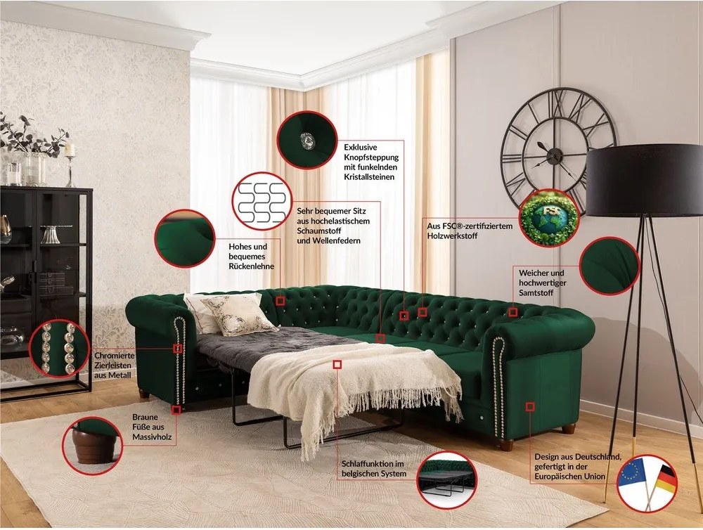 Zöld bársony kinyitható sarokkanapé (bal oldali-L alakú) York Blik – Ropez