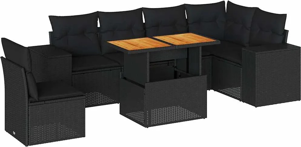 vidaXL 7 részes fekete polyrattan kerti ülőgarnitúra párnával