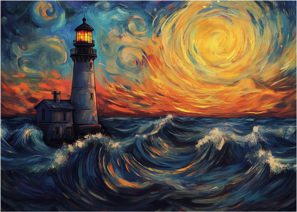 Üveg kép - Világítótorony a hullámokban (70x50 cm)