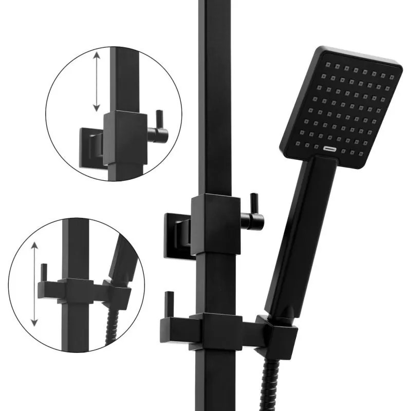 Erga Cube, zuhanygarnitúra karos csapteleppel, kád kifolyóval és esőfejjel 30x30cm, fekete matt, ERG-YKA-BP.CUBE-30-BLK