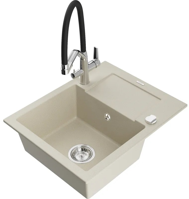 Mexen Enzo 1-medencés gránit mosogató csepegtetővel és Duo konyhai csapteleppel, bézs - 6506-69-671701-07