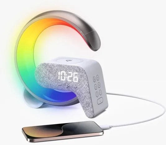 Immax 08987L-LED RGB Dimmelhető lámpa ébresztőórával és Qi töltéssel 30W/230V ezüst