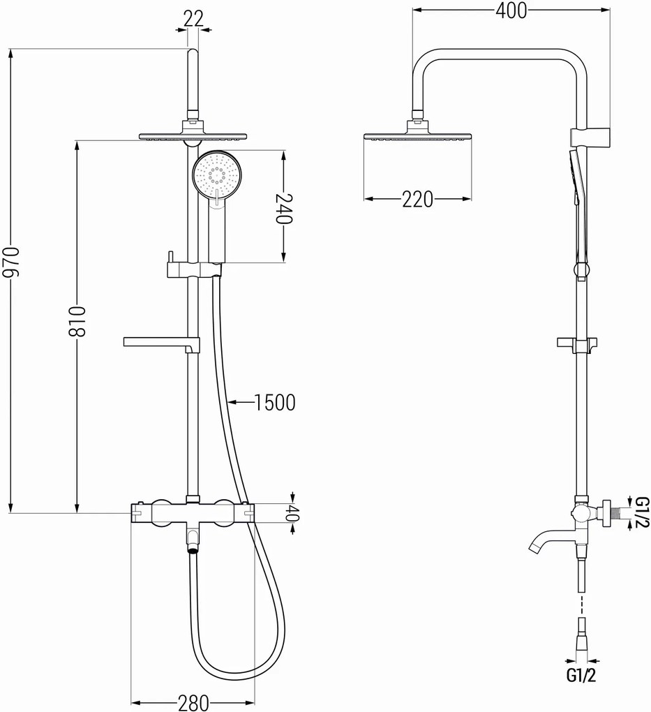 Mexen X40 zuhanygarnitúra felső fejjel 22 cm, termosztatikus fürdőcsaptelep Kai, króm, 779004091-00