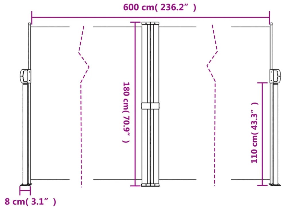 piros behúzható oldalsó napellenző 180 x 600 cm