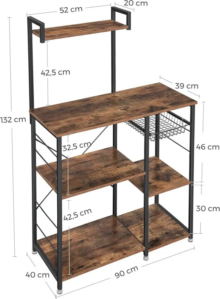 Konyhai állópolc tárolópolcokkal, akasztókkal, drótkosárral, rusztikus barna 90x40x132cm