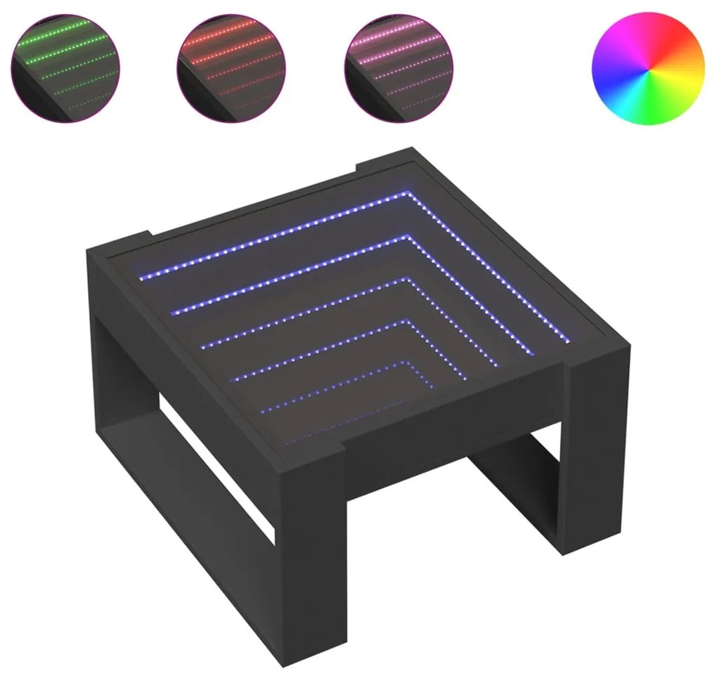 Fekete végtelen hatású LED-es dohányzóasztal 50 x 53 x 30 cm