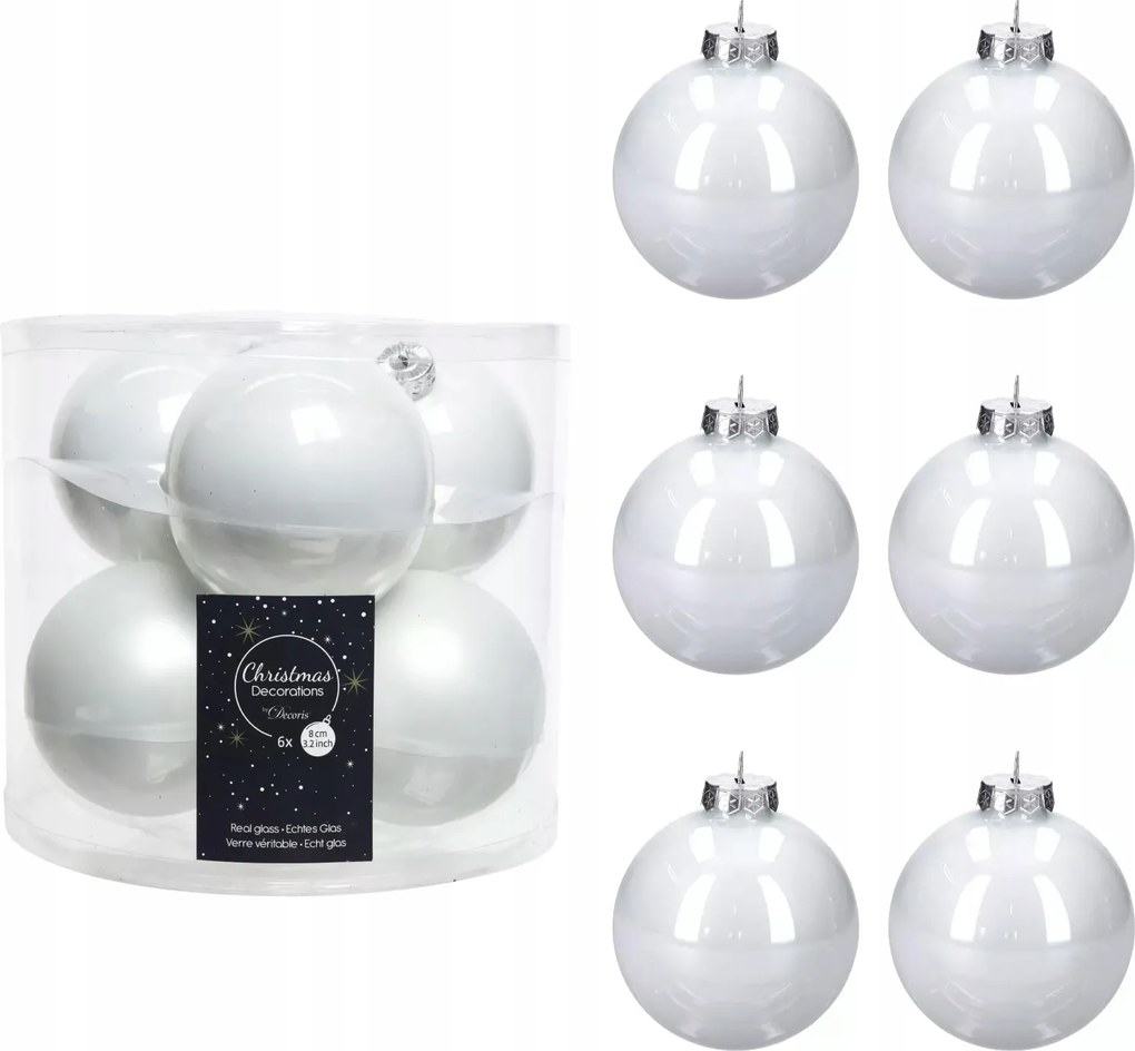 Üveggömb fehér fényes/matt 8cm 6 db