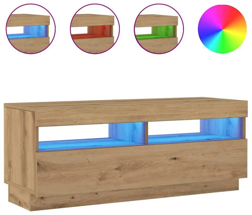 kézműves tölgy szerelt fa TV-szekrény LED-ekkel 100x35x40 cm