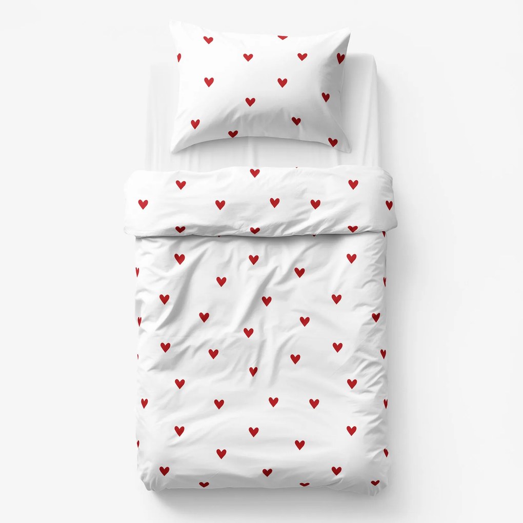 Goldea gyermek pamut ágyneműhuzat - piros szívecskék, fehér alapon 140 x 200 és 70 x 90 cm