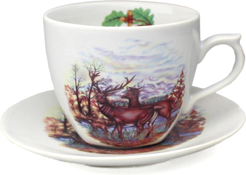 0,2 l-es kerámia csésze csészealjjal, szarvas motívummal díszítve