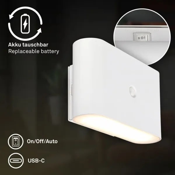 Briloner 3878016 - Újratölthető LED fali lámpa érzékelővel CHAT LED/3W/5V 2000 mAh fehér