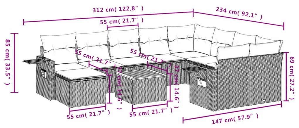 11 részes fekete polyrattan kerti ülőgarnitúra párnákkal