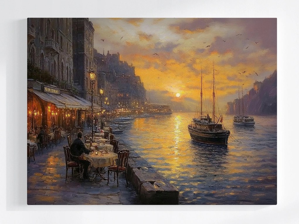 Vászonkép Canvas Város Sétány Csatorna Víz Hajók Kávézó 100x75