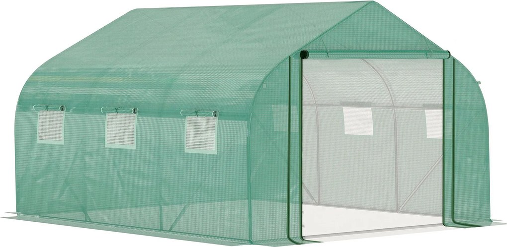 Outsunny Zöld Alagút Üvegház 3.5x3x2 m Kert Üvegház Ajtóval és 6 Feltekerhető Polietilén PE Ablakkal 140g/m² Horganyzott Fémnél a Növények és Virágok