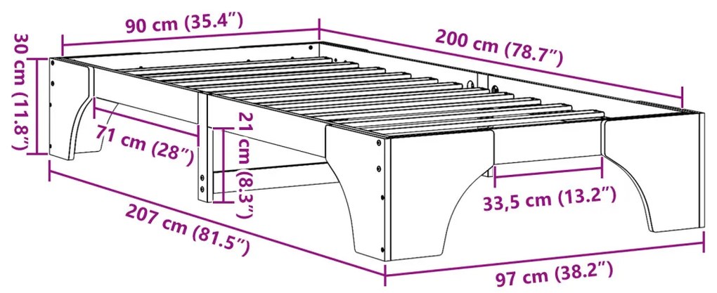vidaXL Ágykeret Természetes 90 x 200 cm Tömör fenyőfa