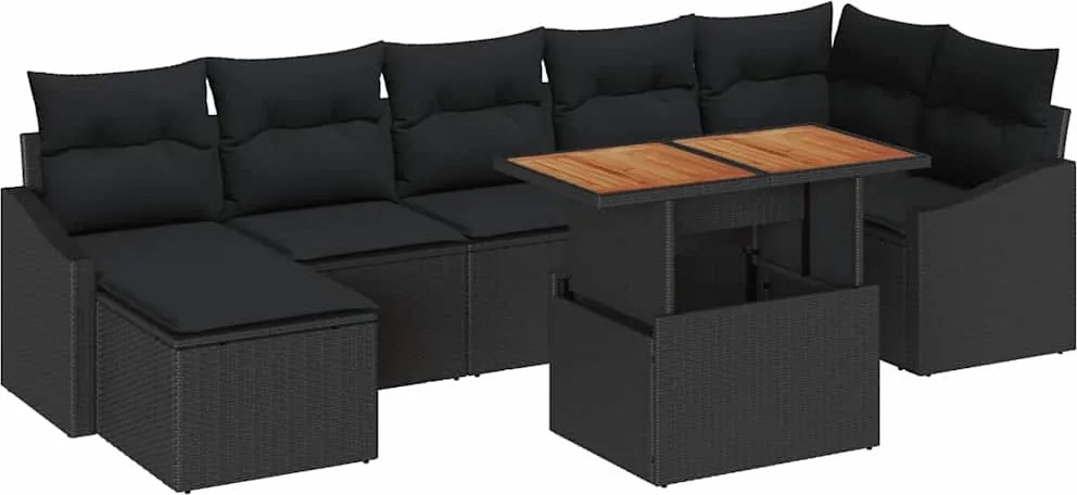 vidaXL Kerti Kanapé Szett tárolóval 8 pcs Fekete Poli rattan