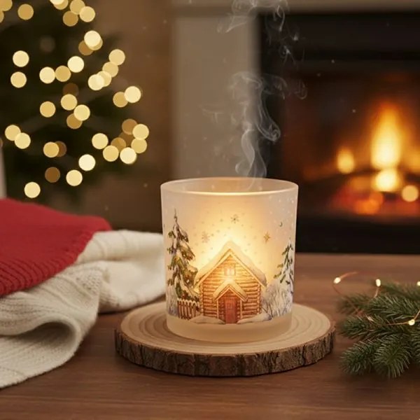 Karácsonyi üveg mécsestartó 10x9 cm - erdei ház havas