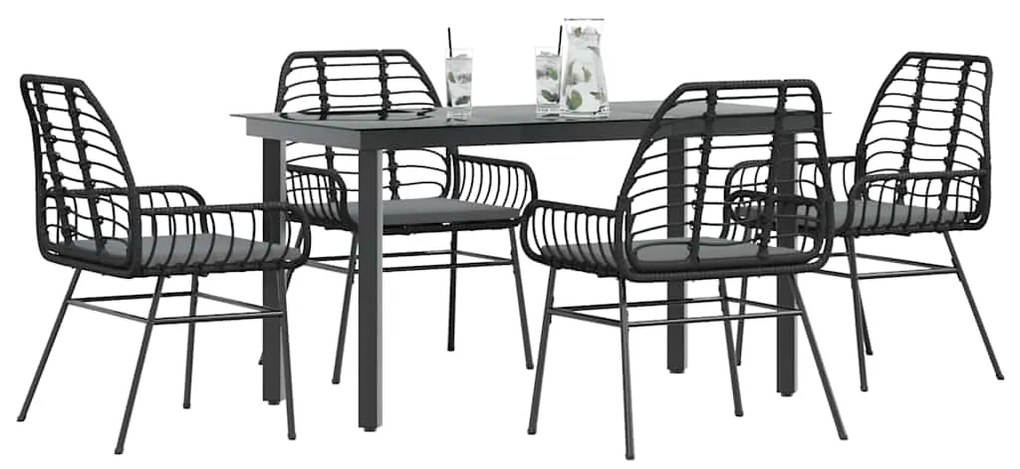 vidaXL 5 részes fekete polyrattan üveg kerti étkezőgarnitúra párnákkal
