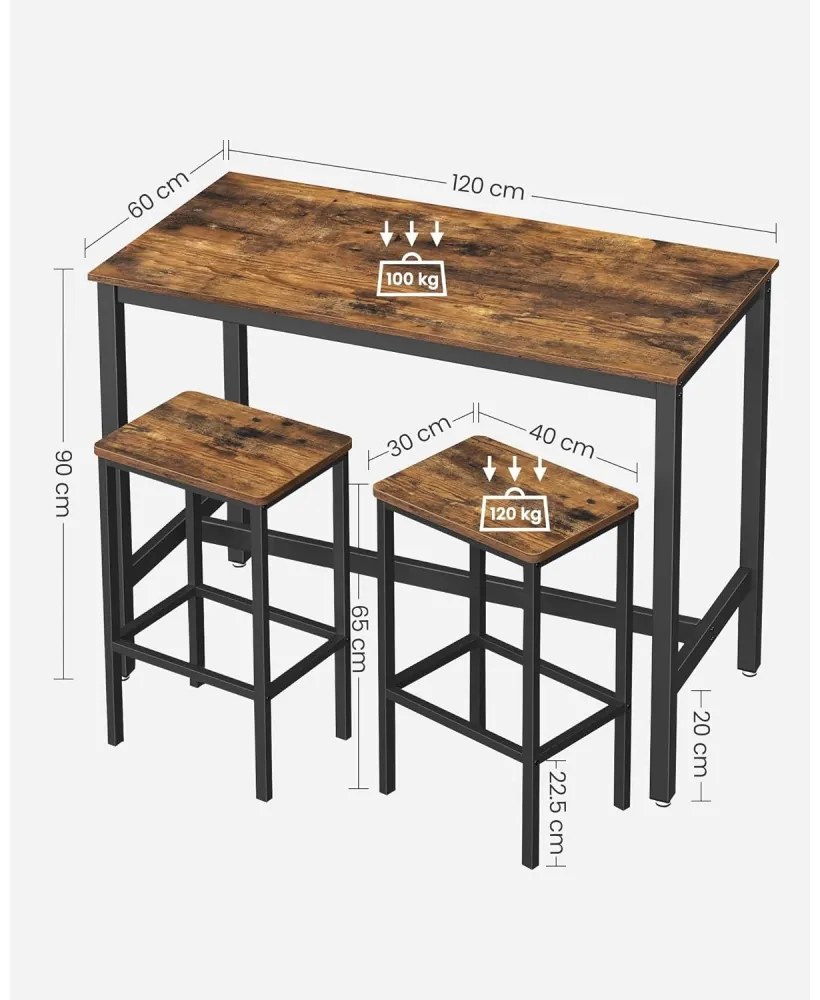 Bárasztal készlet két székkel, rusztikus barna 120x60x90cm/40x30x65cm