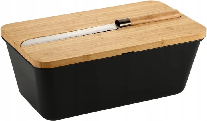 Kenyértartó doboz késsel és vágódeszkával műanyag, bambusz, fekete 35 x 20 x 16 cm