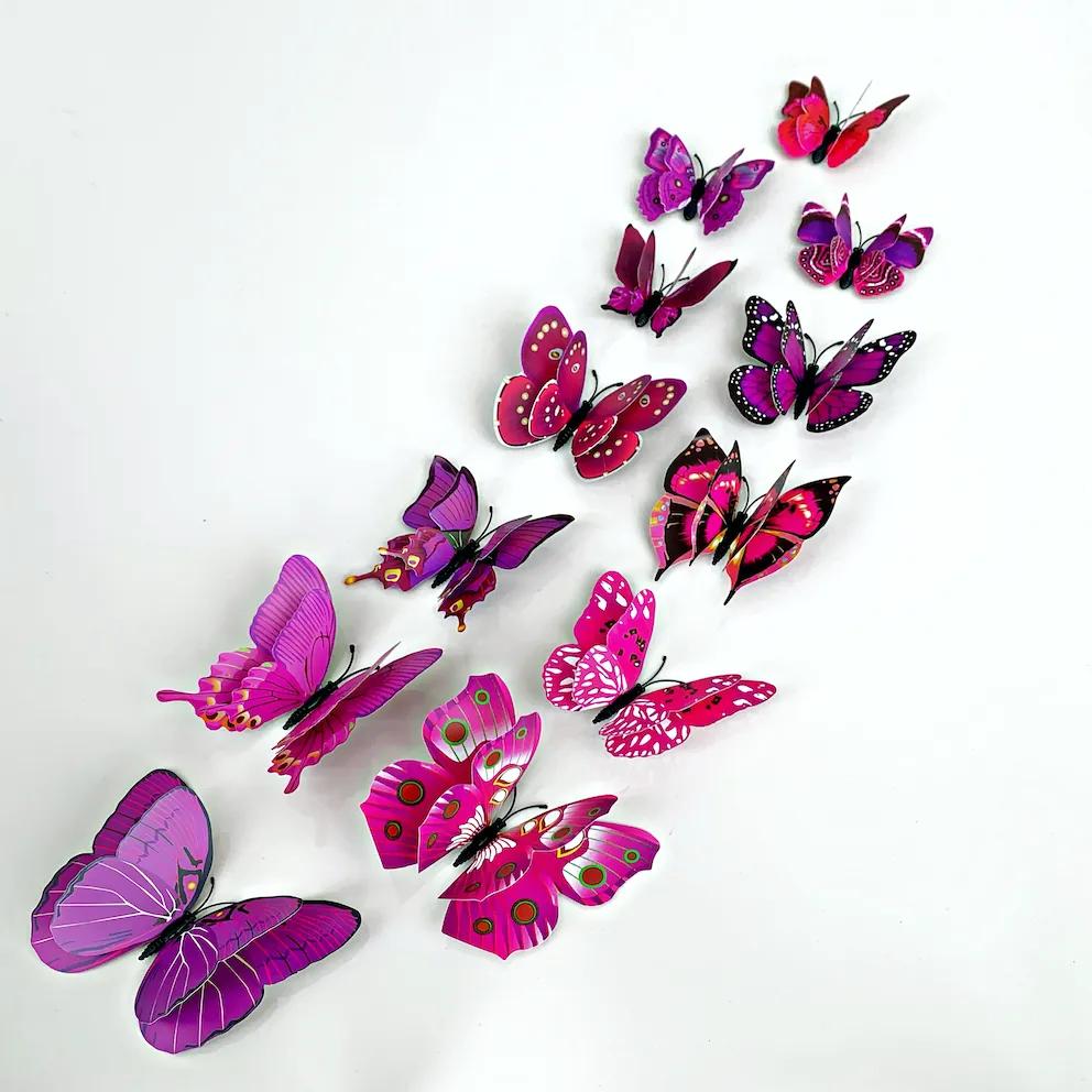 PIPPER | Falmatrica "Reális műanyag 3D pillangók, dupla szárnyakkal - lila" 12db 6-12 cm