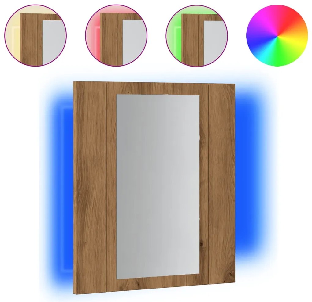 kézműves tölgy szerelt fa tükrös szekrény LED-del 40x12x45 cm