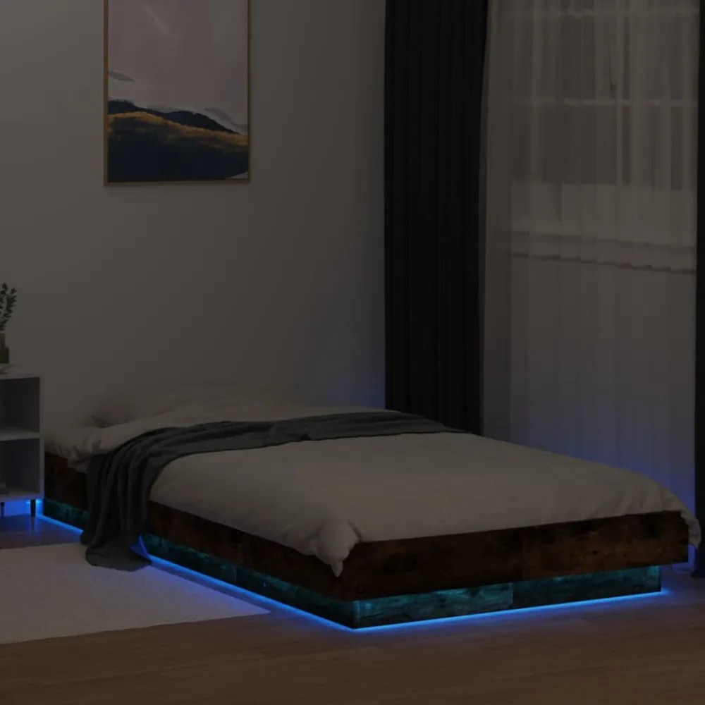 füstös tölgyszínű szerelt fa ágykeret LED-del 100 x 200 cm