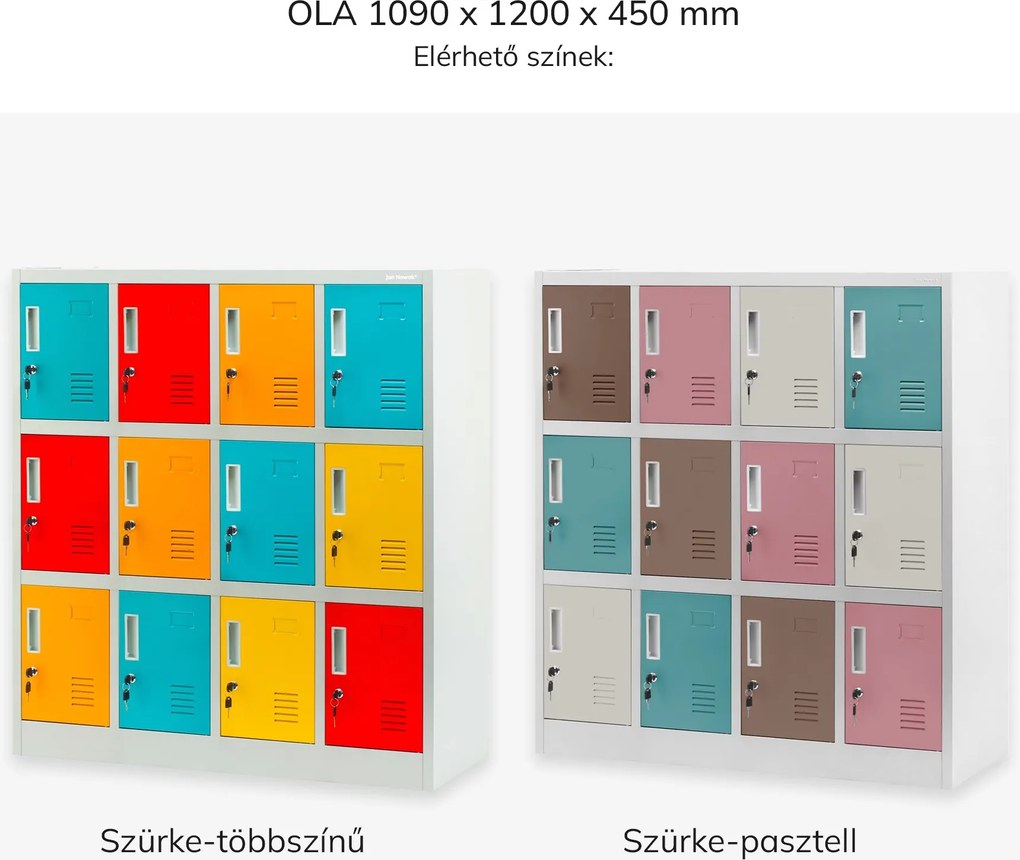 Fém öltözőszekrény, 12 rekeszes OLA, 1090 x 1200 x 450 mm, szürke-többszínű