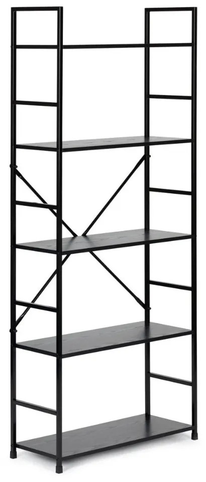 Fekete 5 szintes nyitott könyvespolc, tároló állvány fém lábakkal - 59x144cm Intenso