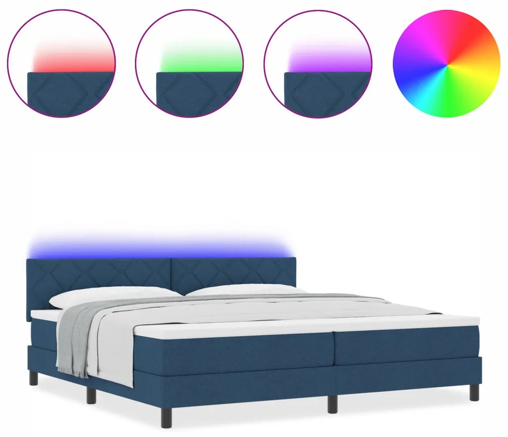 Box Spring Ágy Matrac & LED Kék 200x200 cm Szövet