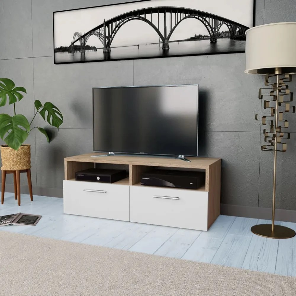 tölgyfa/fehér színű faforgácslap TV szekrény 95 x 35 x 36 cm